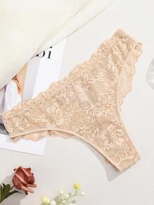 Sexy Lace Pattern French Romantic Women's Thong Panties - Apricot - View 6