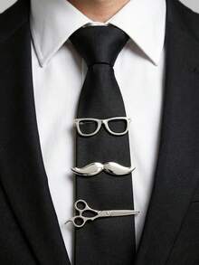 3pcs Men's Tie Clip Set, Creative Unique Tie Accessories Design - Mustache, Glasses, Scissors, Distinctive Jewelry Gift Suitable For Weddings, Parties, Holidays - Multicolor - View 1