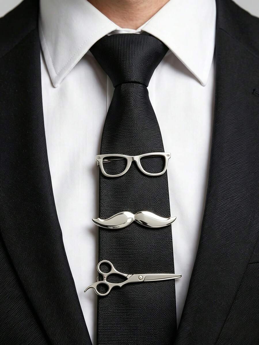 3pcs Men's Tie Clip Set, Creative Unique Tie Accessories Design - Mustache, Glasses, Scissors, Distinctive Jewelry Gift Suitable For Weddings, Parties, Holidays - Multicolor - View 1
