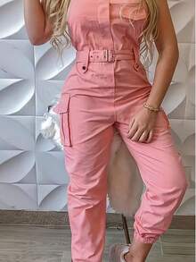 Womens Pink Sleeveless Cargo Jumpsuit High Waist Belted Jogger Romper Casual Multi Pocket Design - 西瓜粉 - 查看 6