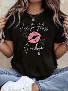Women's T-Shirt Kiss Miss Bachelorette Party Theme | Red Lip And Heart And Slogan Decoration Casual Short Sleeve, Black-Pink-White Sweet-Fresh Bachelorette Party Pre-Wedding Top - 黑色 - 查看 1