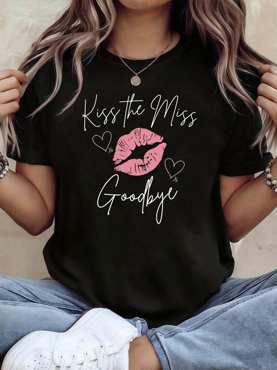 Women's T-Shirt Kiss Miss Bachelorette Party Theme | Red Lip And Heart And Slogan Decoration Casual Short Sleeve, Black-Pink-White Sweet-Fresh Bachelorette Party Pre-Wedding Top - 黑色 - 查看 1