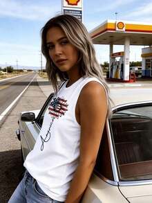 Women Sleeveless Tank Top, American Flag Daisy Patriotic Print Loose Vest, Casual White Summer Tops, 4th Of July Independence Day Daily Vacation - trắng - Xem 5