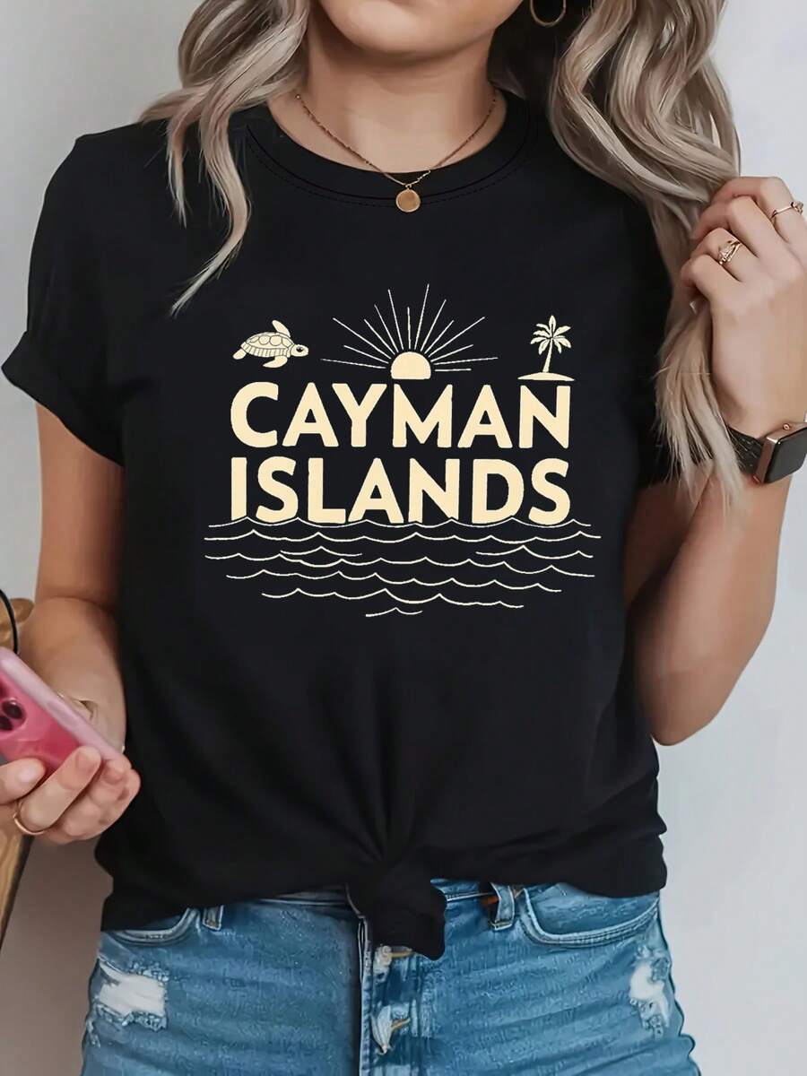 Cayman Islands Letter Print T-Shirt, Short Sleeve Crew Neck Casual Top For Summer And Spring, Women's Clothing - 黑色 - 查看 1