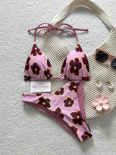 Nuevo conjunto de bikini de 2 piezas de mujer con estampado floral clásico y colorblock a cuadros, adecuado para verano, playa, vacaciones, uso casual diario, fiestas, tomar el sol