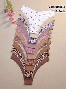 Pack Of 10 - Leopard Print & Autumn-Winter Maillard Color Series Women's Panties, Seamless One-Piece Barely-There Feel Ladies Briefs,, Comfortable, Breathable And Quick-Drying Women's Triangular Underwear, Suitable Sports, Fitness, Yoga And Dance, Multi-Pack Family Set, Cost-Effective Women's Triangular Panties UMLZ 3PA2 - Nhiều màu - Xem 1