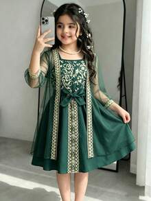 Bộ 2 món/bộ cho bé gái ngoài trời thường ngày phong cách Trung Hoa áo khoác lưới mỏng rỗng và váy chữ A không tay in hoa, phù hợp cho học sinh tiểu học, đi làm hàng ngày, mùa hè - Màu xanh lá cây đậm - Xem 1