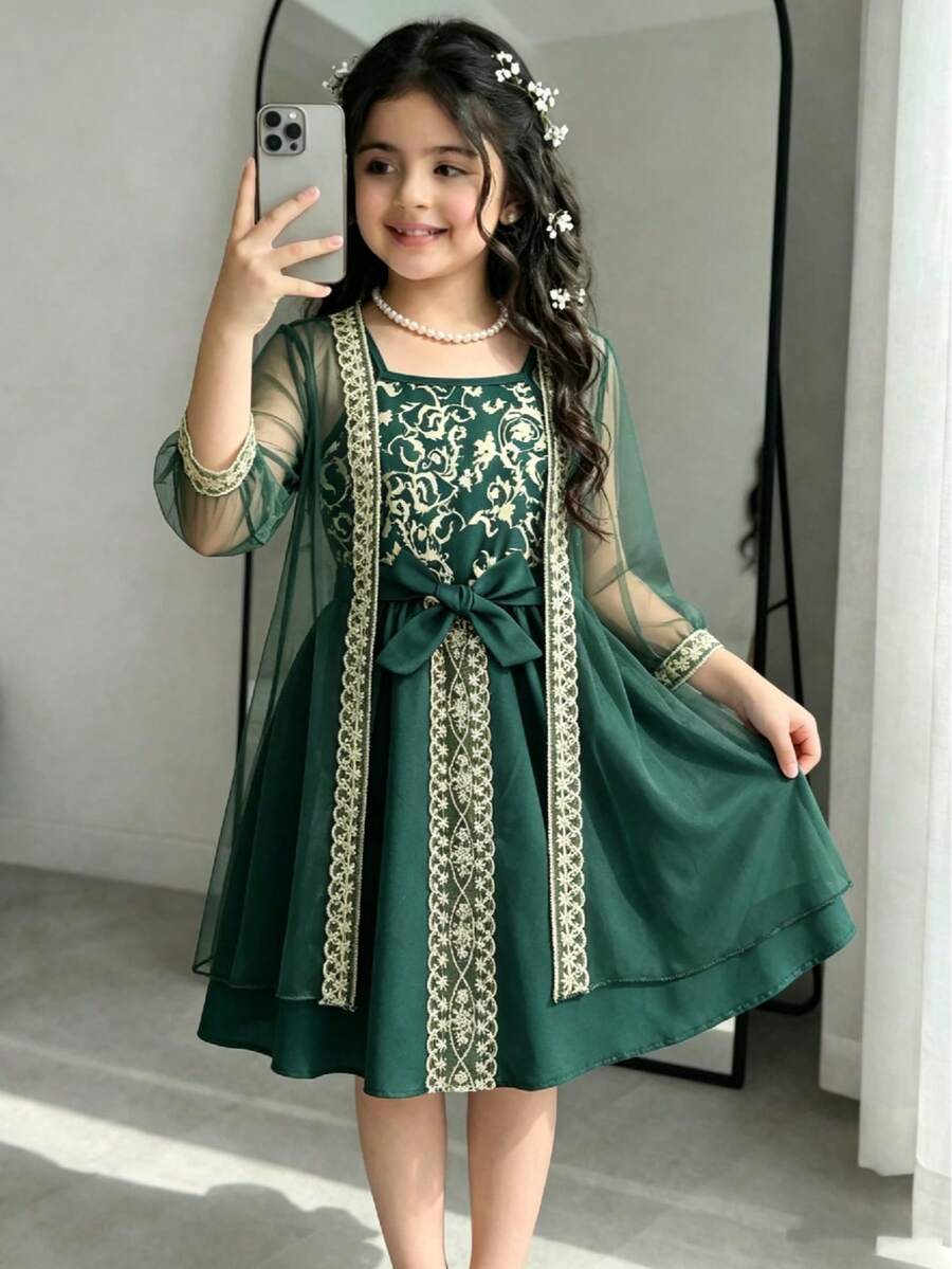 Bộ 2 món/bộ cho bé gái ngoài trời thường ngày phong cách Trung Hoa áo khoác lưới mỏng rỗng và váy chữ A không tay in hoa, phù hợp cho học sinh tiểu học, đi làm hàng ngày, mùa hè - Màu xanh lá cây đậm - Xem 1