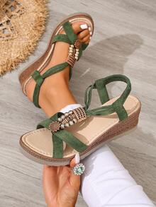 2025 Summer Retro Women's Platform Wedge Sandals, Bohemian Green Beaded Rope Sole 5.5CM Vacation Style,Boho - Green - View 2