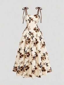 Vestido de tirantes con estampado floral de base color albaricoque y marrón, con cintura y línea A, elegante y encantador para vacaciones, viajes, festivales de música, citas, estilo bohemio francés, playa, calle, versátil, primavera/verano, nuevo - Multicolor 2 - Ver 6
