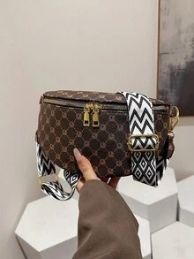 新款时尚休闲女士腰包链条斜挎包复古百搭鳄鱼纹胸包，圣诞礼物，圣诞红 - 咖啡 - 查看 4