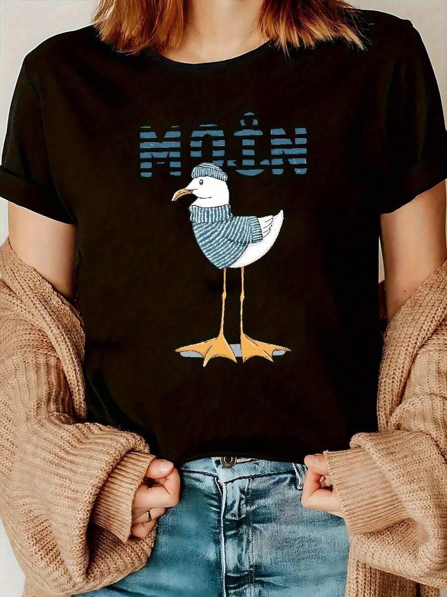 Cute Creative Dress-Style Top With Seagull Print, Short Sleeve Crew Neck Casual Top For Summer And Spring, Women's Clothing - Black - View 1