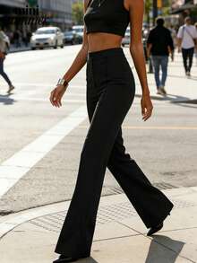 女士高腰宽松阔腿裤，黑色，时尚优雅，适合春秋季商务办公休闲日常穿着。 - 黑色 - 查看 5