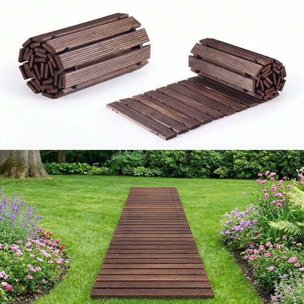 6FT/8FT Wooden Garden Pathway, Roll-Out Outdoor Walkway Pavers, Decorative Non-Slip Wooden Boardwalk For Garden, Backyard, Beach, Lawn, Patio, Stepping Stone Paths, Wedding Aisle
