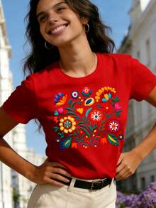 Mexican-Style T-Shirt With A Colorful Floral Print Featuring Festive Motifs, Casual Short-Sleeved Top With A Round Neck For Women. DWRM - 紅色 - 查看 3