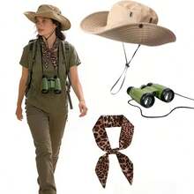 3pcs Women's Safari Outfit - Leopard Print Bucket Hat, Scarf, Binoculars, Wildlife Park Costume Accessories, Halloween Cosplay, Holiday Party, Animal Print Decor, Retro Fashion, Fashion Accessories, Hunting Set, Cosplay Enthusiasts, Holiday Participants - Multicolor - View 10
