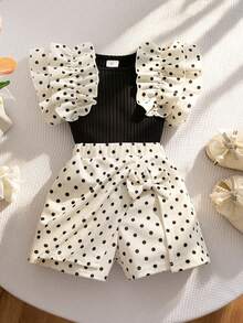 Young Girls' French Sweet Style Black & White Polka Dot Set, Ruffled Sleeve Ribbed Tank Top + Bow Decor Skirt Shorts 2pcs Outfit, Summer Holiday Party - Black - View 1