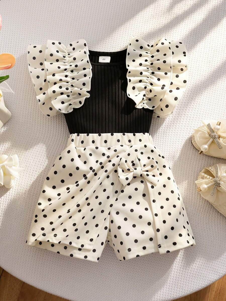 Young Girls' French Sweet Style Black & White Polka Dot Set, Ruffled Sleeve Ribbed Tank Top + Bow Decor Skirt Shorts 2pcs Outfit, Summer Holiday Party - Black - View 1