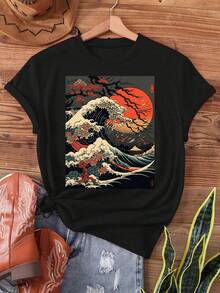 Camiseta De Cuello Redondo Y Manga Corta, Estilo Retro Casual Con Estampado ArtíStico De Olas Y Cerezos En Flor, Tejido Suave Y CóModo, Ideal Para Usar En Primavera Y Verano. - Negro - Ver 1