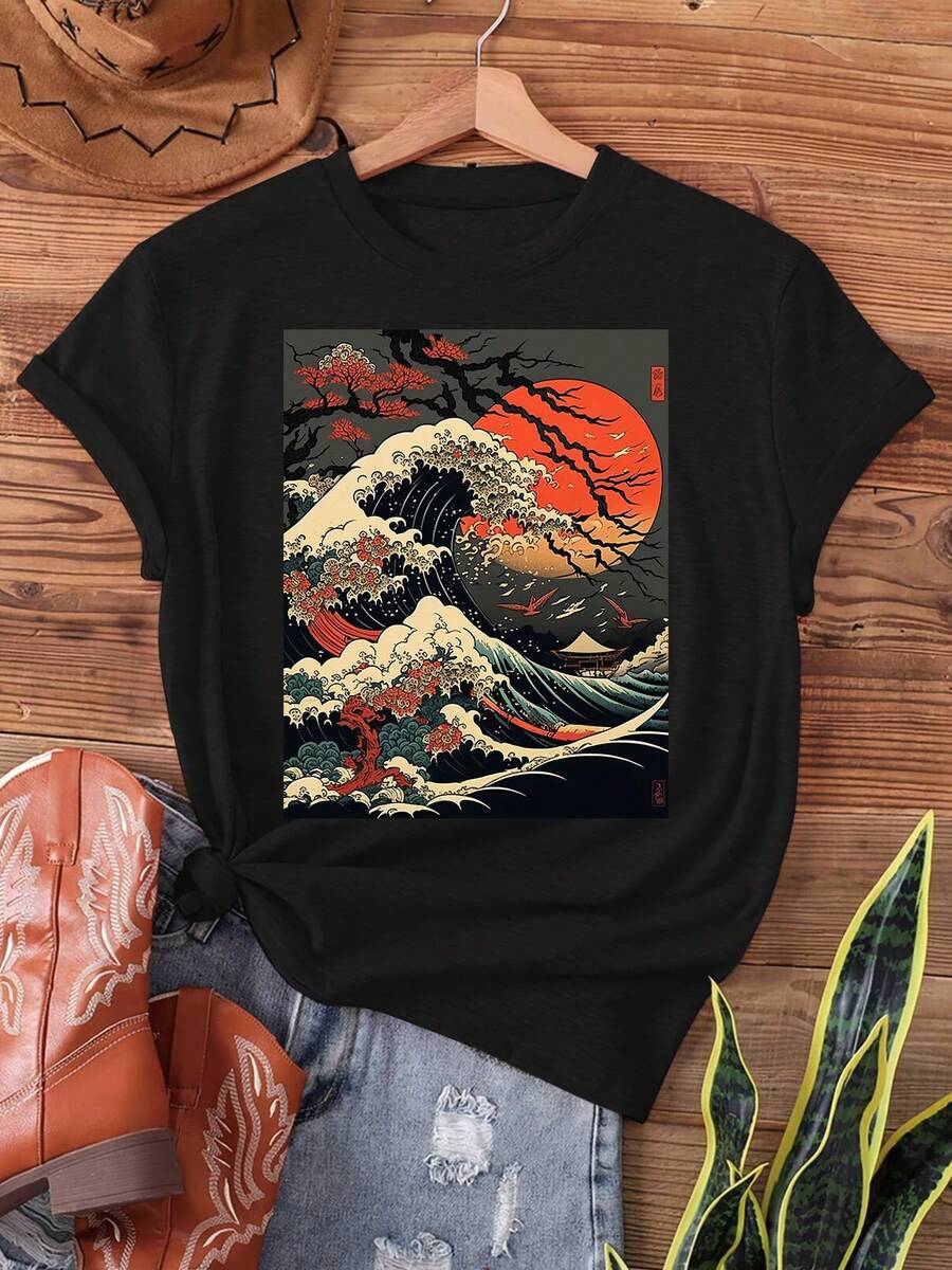 Camiseta De Cuello Redondo Y Manga Corta, Estilo Retro Casual Con Estampado ArtíStico De Olas Y Cerezos En Flor, Tejido Suave Y CóModo, Ideal Para Usar En Primavera Y Verano. - Negro - Ver 1