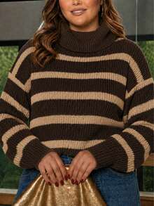 Women's Plus Size High Neck Long Sleeve Blouse, Elegant, Casual, Basic, Winter, Cold Weather, Thermal Knit - 棕色/米色 - 查看 3