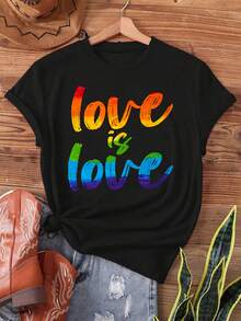 Summer Tops: Gay Pride Rainbow Love Is Love Print T-Shirt, Short Sleeve, Crew Neck, Casual Tops For Summer And Spring, Women's Clothing, Cotton T-Shirt, Summer Outfit. - Black - View 1