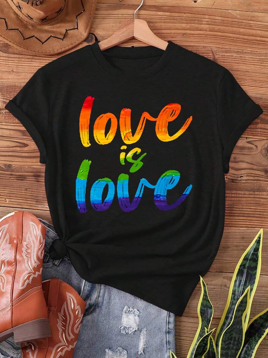 Summer Tops: Gay Pride Rainbow Love Is Love Print T-Shirt, Short Sleeve, Crew Neck, Casual Tops For Summer And Spring, Women's Clothing, Cotton T-Shirt, Summer Outfit. - Black - View 1