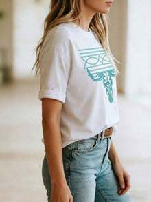 GiftGiftGraphic Tees2026 Women's Western Cowboy Style T-Shirt With Turquoise Boots, Elegant Casual Shirt, Sportswear, 100% Cotton, Breathable And Comfortable, Round Neck, Short Sleeve, Polyester Fabric, Fashionable For Everyday Summer Wear - Unisex Loose Fit 100% Cotton T-Shirt, Soft Summer Tops - 白色 1 - 查看 5