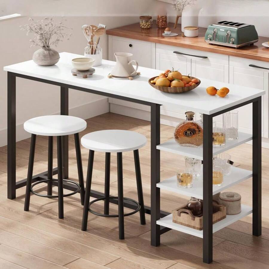 Compact High Table And Stool Set For 2 People With 3 Storage Shelves For Kitchen, Dining Room, Office, Small Spaces, Black And White - Black Sand Panel + Black Tube - View 1