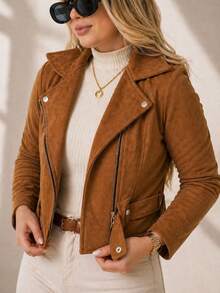 Suede Casual Jacket, Winter Warm Clothing - Camel - View 1