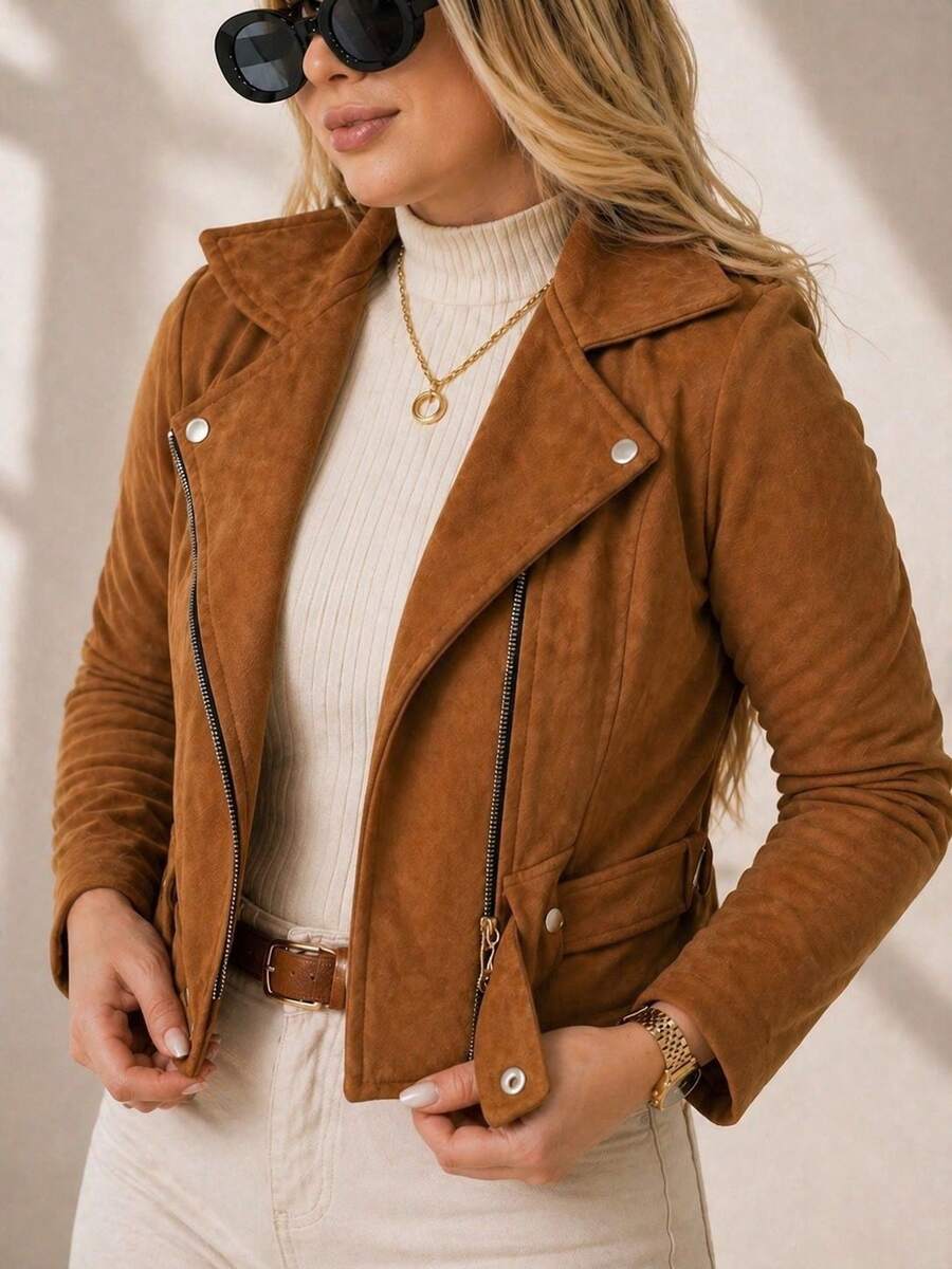 Suede Casual Jacket, Winter Warm Clothing - Camel - View 1
