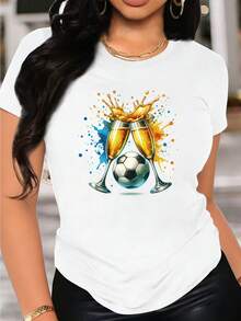 Men's And Women's Solid Color T-Shirt With A Clashing Football Cups Print - Soft, Breathable Short-Sleeved T-Shirt Suitable For Running, Sports, Parties, Matching Outfits For Gifts - Casual Crew Neck T-Shirt For Sisters, Machine Washable - 白色 - 查看 1
