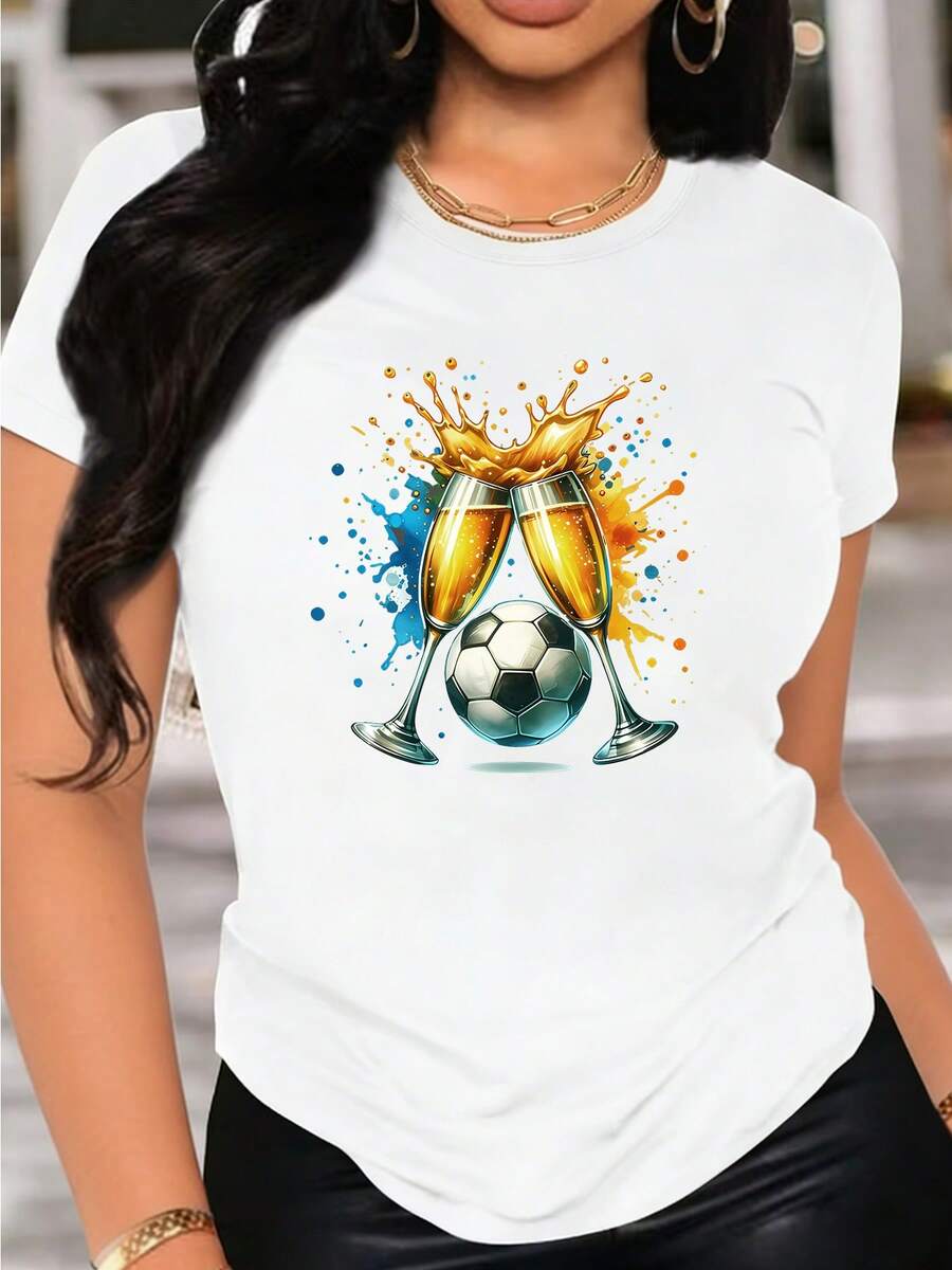 Men's And Women's Solid Color T-Shirt With A Clashing Football Cups Print - Soft, Breathable Short-Sleeved T-Shirt Suitable For Running, Sports, Parties, Matching Outfits For Gifts - Casual Crew Neck T-Shirt For Sisters, Machine Washable - 白色 - 查看 1