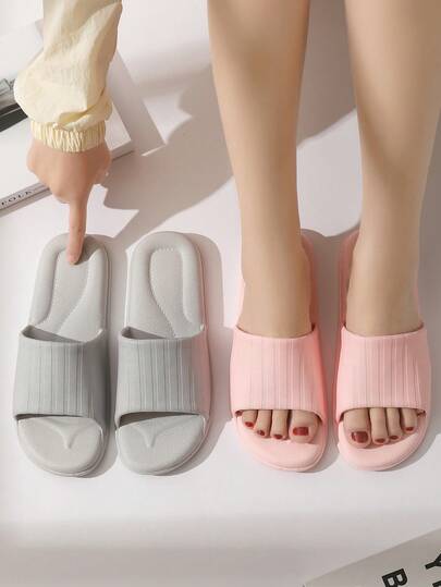 Simple Solid Color Slippers For Women, Lightweight Indoor Non-Slip Soft Bottom Bathroom Shower Slides, Comfortable Strap Casual Outdoor Wear Plastic Sandals, Gray