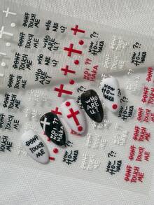 1 Sheet Dark Edgy 6D Embossed Nail Art Stickers, Includes Black, White, Red Cross, Personalized English Slogans (DON'T TOUCH ME/Who Are U?), Suitable For Street Style, Dark Aesthetic, Personalized Nails, Baddie Looks, Ideal For Subculture Enthusiasts, Baddie Girls, Students, Nail DIY Beginners, Edgy Fashionistas - Multicolor - View 5