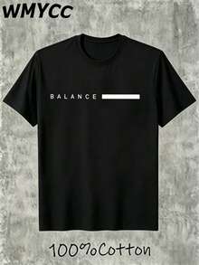 Mens Graphic Tees Men, "Balance" Minimalist Text Print Crew Neck T-Shirt, 100% Cotton Positive Energy Mens Clothes, Big And Tall Men's Clothing, Black Casual Daily Wear Men's Shirts - 黑色 - 查看 2