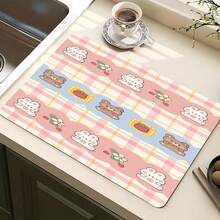 Luckybutterfly 1 pieza Alfombrilla multiusos absorbente con diseño de conejo y oso de fresa, Almohadilla protectora de mesa de poliéster para cocina, mesa de comedor, secado de platos, lavadora, lavabo del baño, accesorios de cocina, suministros para fiestas - Conejo y oso de fresa - Ver 1