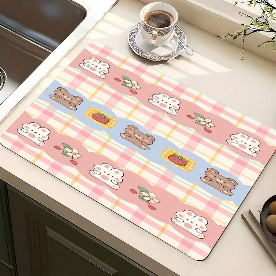 Luckybutterfly 1 pieza Alfombrilla multiusos absorbente con diseño de conejo y oso de fresa, Almohadilla protectora de mesa de poliéster para cocina, mesa de comedor, secado de platos, lavadora, lavabo del baño, accesorios de cocina, suministros para fiestas - Conejo y oso de fresa - Ver 1