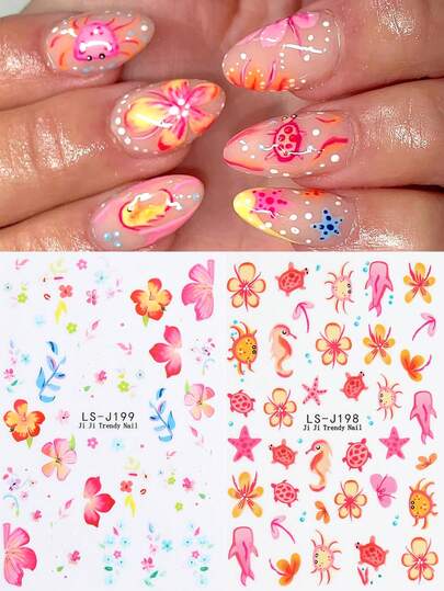 Colorful Floral, Starfish, Jellyfish, And Seashell Ocean-Themed Nail Stickers For Spring And Summer; Self-Adhesive, Disposable; Suitable For Female Nail Technicians And Personal DIY Decorations.