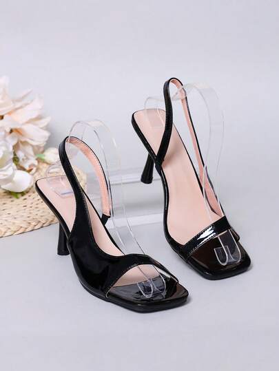 1 Pair Black Plus Size Pointed Toe High Heel Sandals For Teenage Girls & College Students, Soft PU Material, S-Shaped Elastic Slip-On Design, Fashionable & Elegant Lightweight High Heels Suitable For Casual, Party, School, Commute, Vacation, Spring/Summer 2026