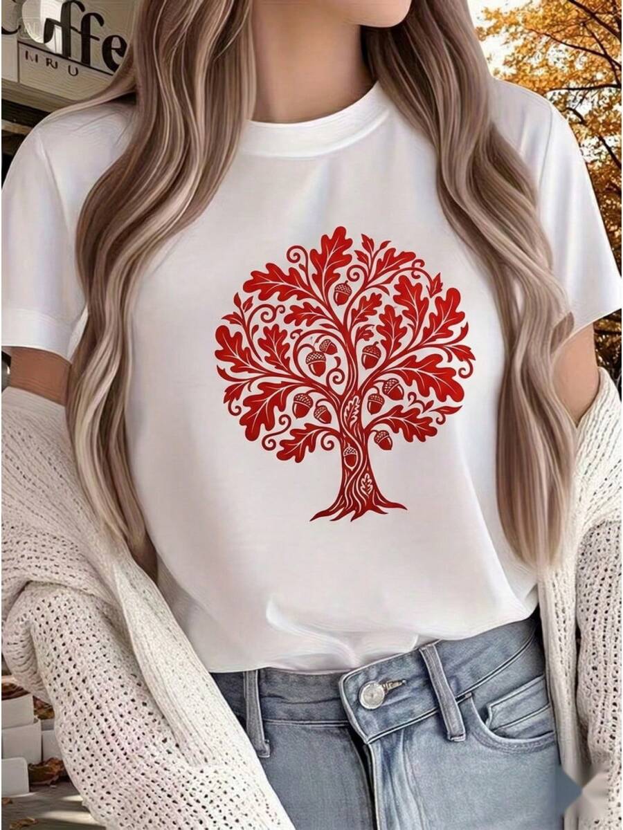 A Women's Spring And Summer Dress, Elegant Women's Clothing, Red Oak Acorn Pattern T-Shirt, Short Round Neck Sves, Casual Fashion Top, Day Party Dress, Loose Fit, Gift Of The Day, Fun Design, Daily Wear - 白色 - 查看 1