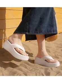 Women's Platform Wedge Flip Flops, Solid Color Thick Sole Slip-Resistant EVA Beach & Daily Slippers, Summer - White - View 4