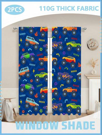 2PCS 110G Monster Truck Print Print Outdoor Indoor Curtains Room Darkening Window Drapes Thermal Insulated For Bedroom Living Room For Balcony Easy To Hang Modern Style 100% Polyester