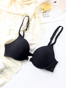 Conjunto de sujetador y pantie con cierre frontal sin costuras, sexy y con soporte, con aros, tirantes cruzados en la espalda, bralette y pantie de unicolor y cómodos - Negro - Ver 8