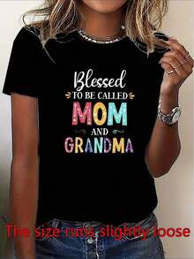 1 camiseta con la frase "Blessed To Be Called Mom And Grandma" - Regalo perfecto para el Día de la Madre, estampado colorido, tela suave, cuello redondo, manga corta, para usar en todas las estaciones, camiseta de uso diario, estampado vibrante, tela suave de 180g, 100% algodón. - Negro - Ver 6