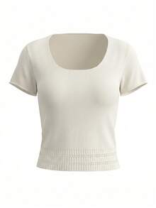 Sexy Crop Top U-Neck Short Sleeve T-Shirt, Tight Fitting Midriff-Baring Knit Blouse For Summer, Versatile - Apricot - View 8