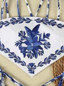 Nuevo traje de baño tipo bikini elegante y sexy con estampado floral verde en estilo bohemio con lazos, estampado floral vibrante con ribete en contraste, conjunto de bikini para fiesta en la playa y vacaciones - Multicolor 6 - Ver 5