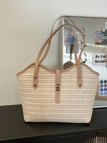 New Summer Straw Tote Bag For Women, Large Capacity French Woven Shoulder Bag, Beach Holiday & Commute Handbag - Khaki - View 6