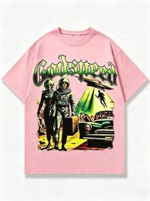 Alien T Shirts Men, Retro Godspeed Alien Astronaut Print, 100% Cotton Crew Neck Short Sleeve, Y2K Hip-Hop Style, Digital Print, Big And Tall,   For Men - 粉色 - 查看 1