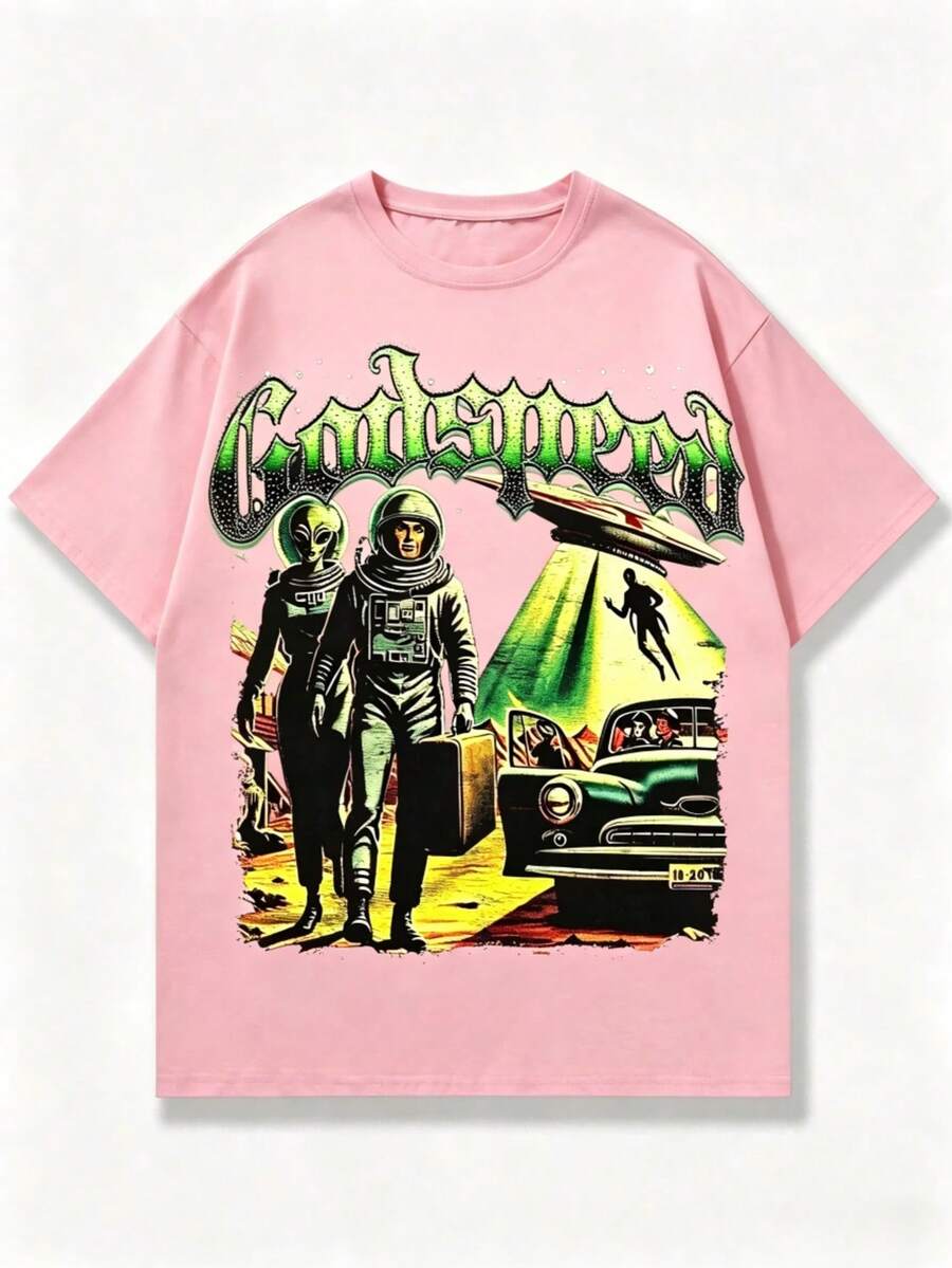 Alien T Shirts Men, Retro Godspeed Alien Astronaut Print, 100% Cotton Crew Neck Short Sleeve, Y2K Hip-Hop Style, Digital Print, Big And Tall, For Men - 粉色 - 查看 1